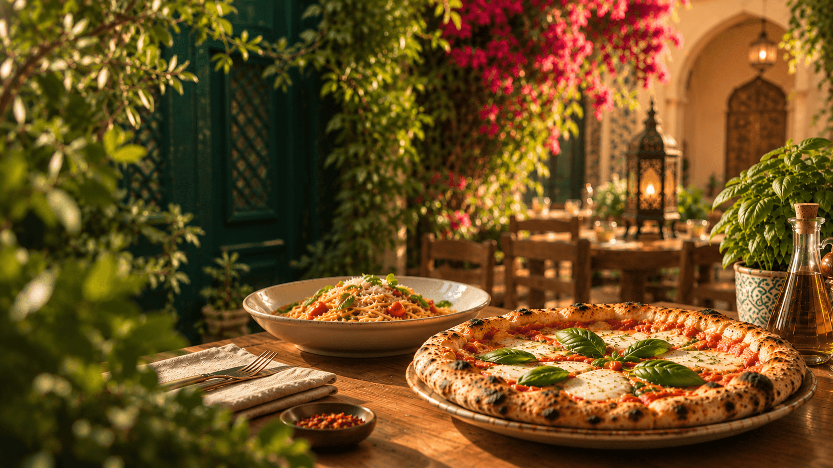 Terrasse d'Il Gusto avec une pizza Margherita et des pâtes fraîchement servies